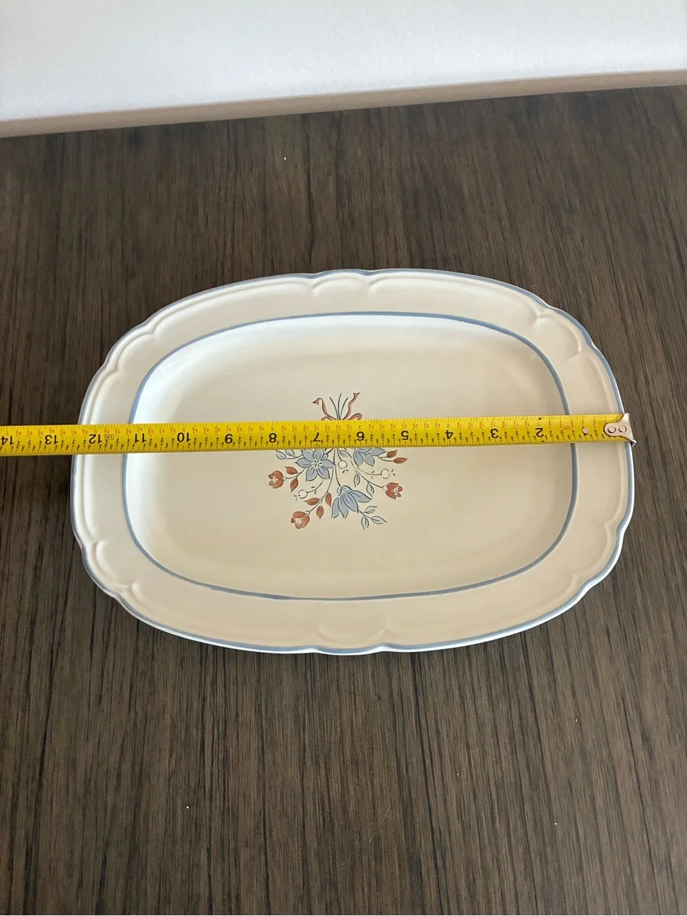 Cream Ceramic Serving Platter with Blue Rim and Orange Floral Accent